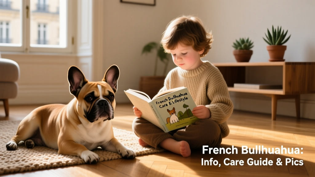 A calm French Bullhuahua resting beside a child reading on the floor, both relaxed and comfortable
