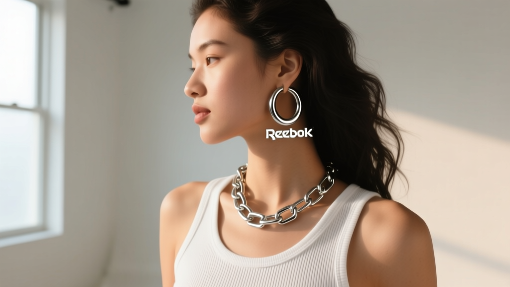 Side profile of a model wearing vintage Reebok hoop earrings with a minimalist white ribbed tank top and a chunky silver chain.