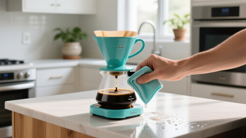 Hands wiping a powder-coated turquoise drip coffee maker base with a damp microfiber cloth and pH-neutral soap in a bright kitchen