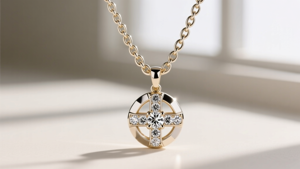 A 1.5mm 14k white gold box chain threaded through a diamond-cut circle cross pendant, demonstrating thickness to prevent snags.