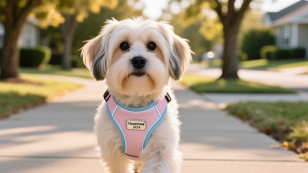 Close-up of a Havanese wearing a soft, adjustable nylon harness while walking calmly on a paved path