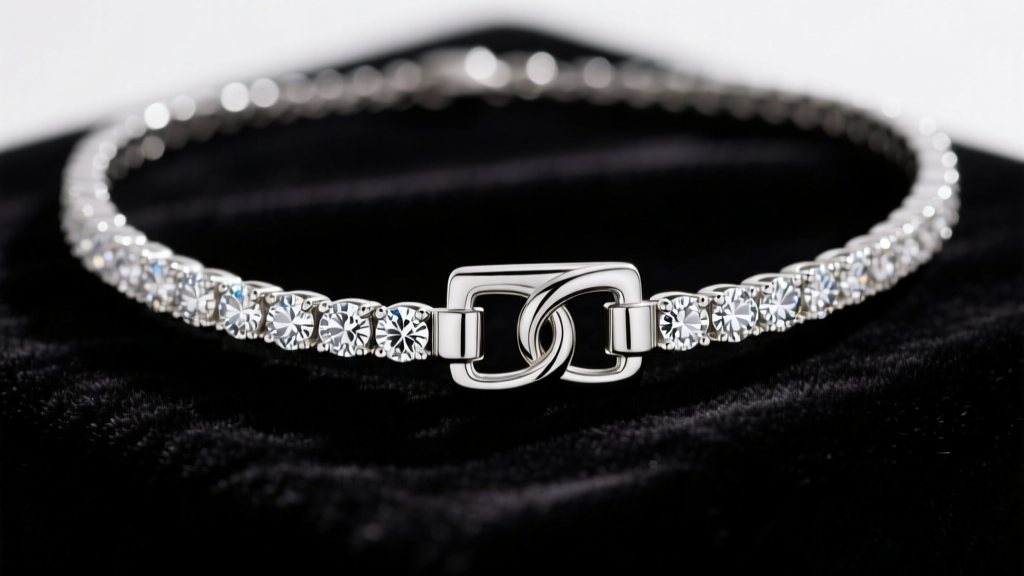 Close-up of a box clasp with double figure-8 safety catches on a 3 prong diamond tennis necklace, resting on dark black velvet.