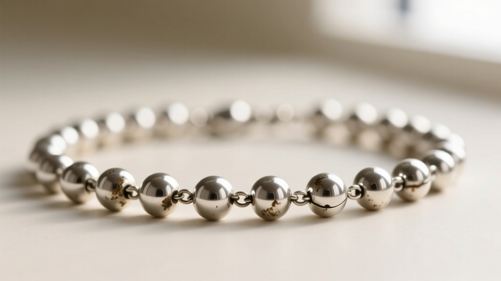 Macro shot of a silver small rosary necklace bead chain, showing slight tarnish in the crevices between the spherical metal links