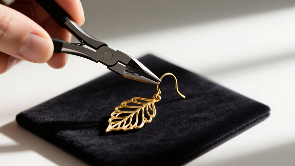Hands using nylon pliers to reshape a bent 22-gauge gold ear wire on a delicate leaf dangle earring over a soft dark velvet mat