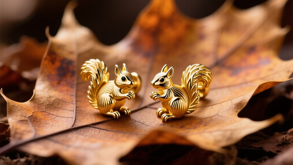 Macro shot of 18k gold vermeil squirrel stud earrings resting on dried autumn oak leaves under soft warm lighting
