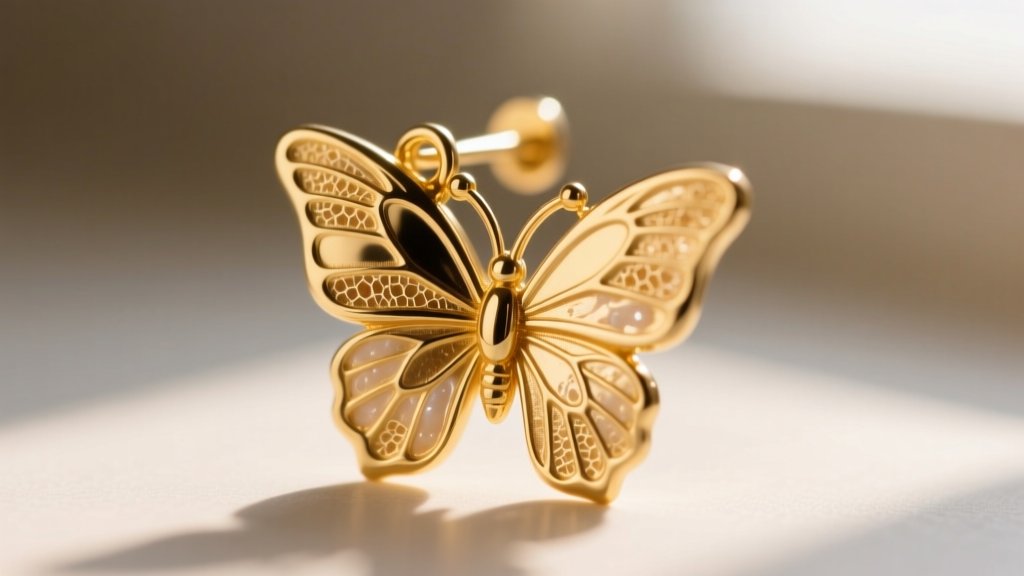 Macro view of a butterfly earring clutch on a 20-gauge gold post, showing trapped skin cells and lotion inside the tiny grooves.