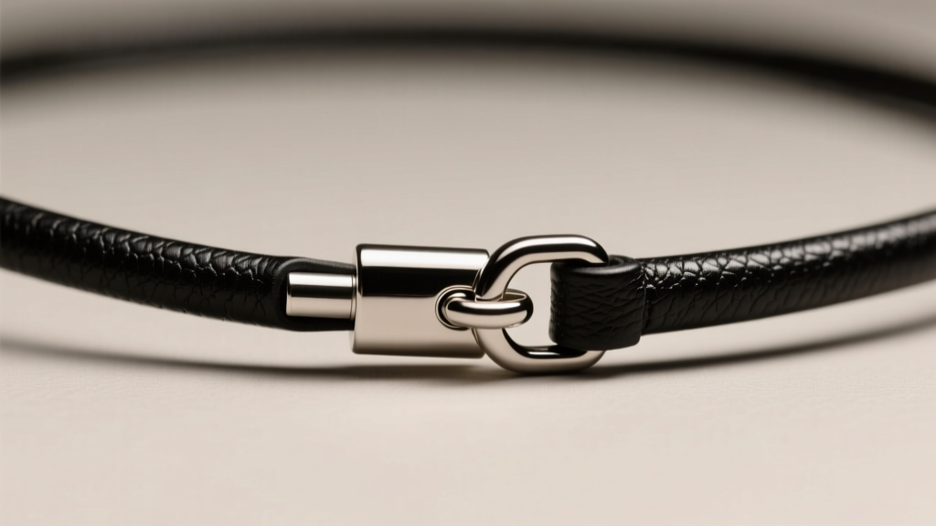 Close-up of a silver fold-over cord end securely crimped onto a thick black leather necklace rope cord with a small lobster clasp