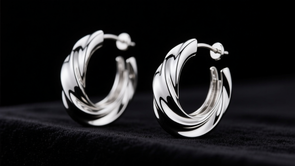 Platinum swirl hoop earrings on dark velvet, macro photography, sharp focus on the polished metal texture and elegant curves.