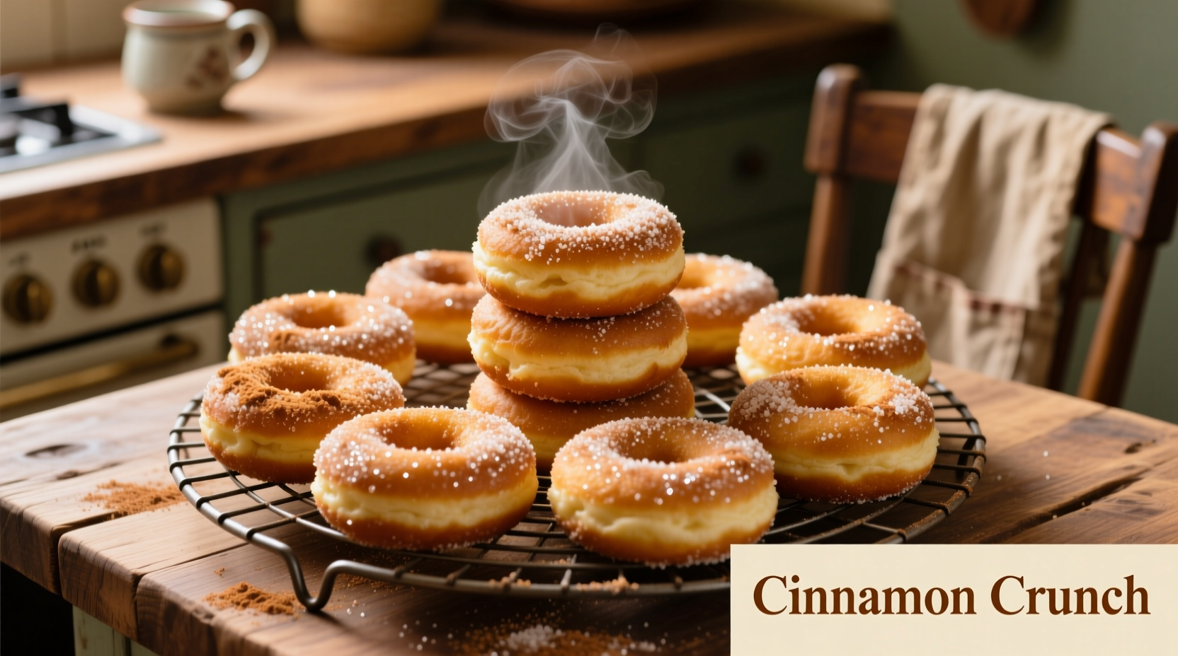 Golden potato donuts on cooling rack with cinnamon sugar