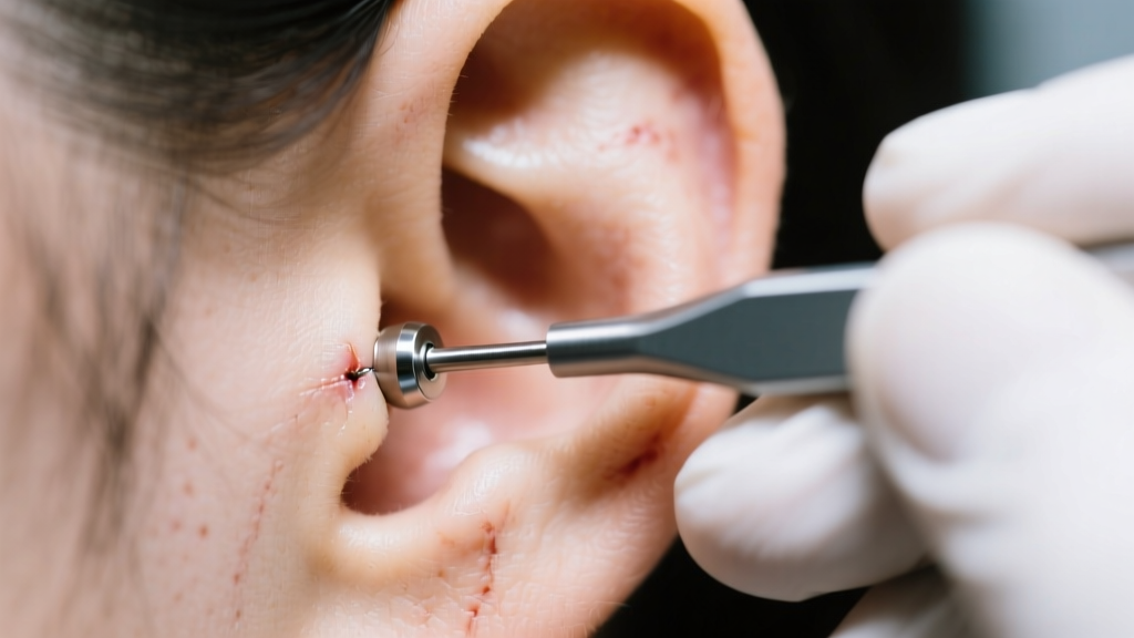 Close-up of hands using a tool to secure a flat-back titanium labret screw into a healed earlobe, bright clinical lighting.