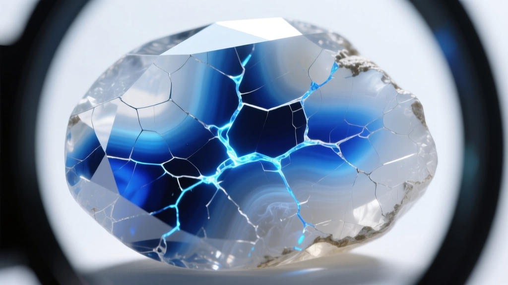Macro view through a loupe showing deep blue dye concentrated in micro-fractures of a treated chalcedony gemstone surface texture.