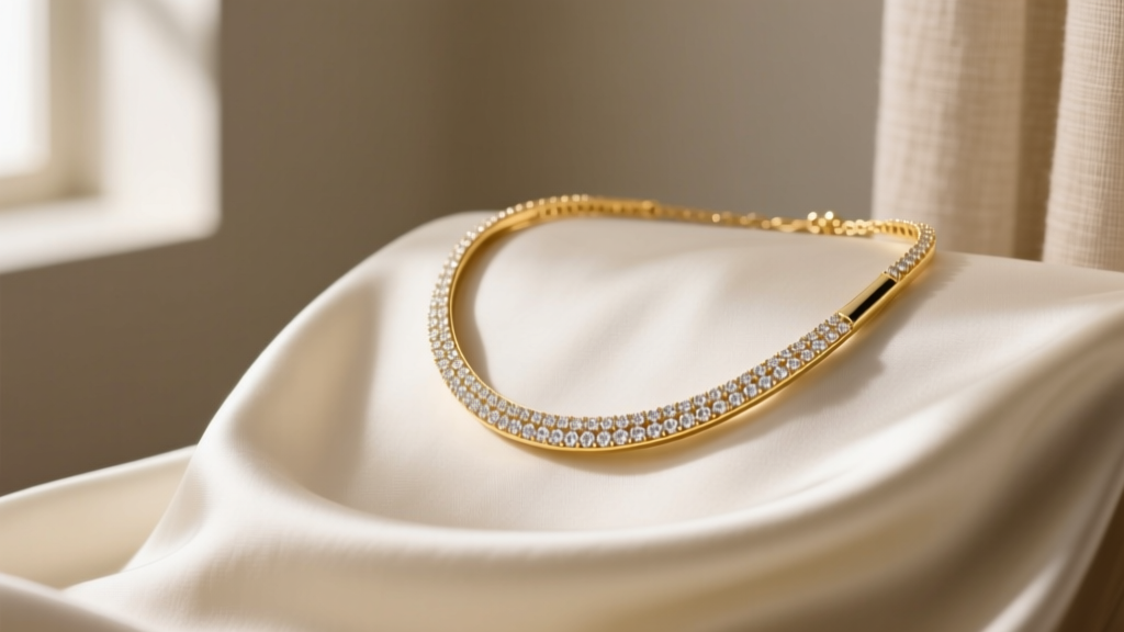 Close-up of a Chan Luu 18k gold vermeil bar necklace with pavé diamonds on a silk slip dress, soft natural window lighting