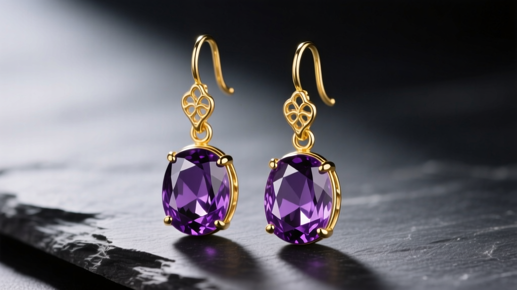 Close-up of 14k yellow gold drop earrings featuring deep purple Siberian amethyst gems on dark slate with soft lighting
