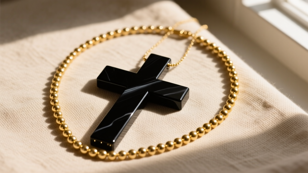 Flat-lay of a matte black onyx and 14k gold cross with beads necklace on textured beige linen in soft natural light