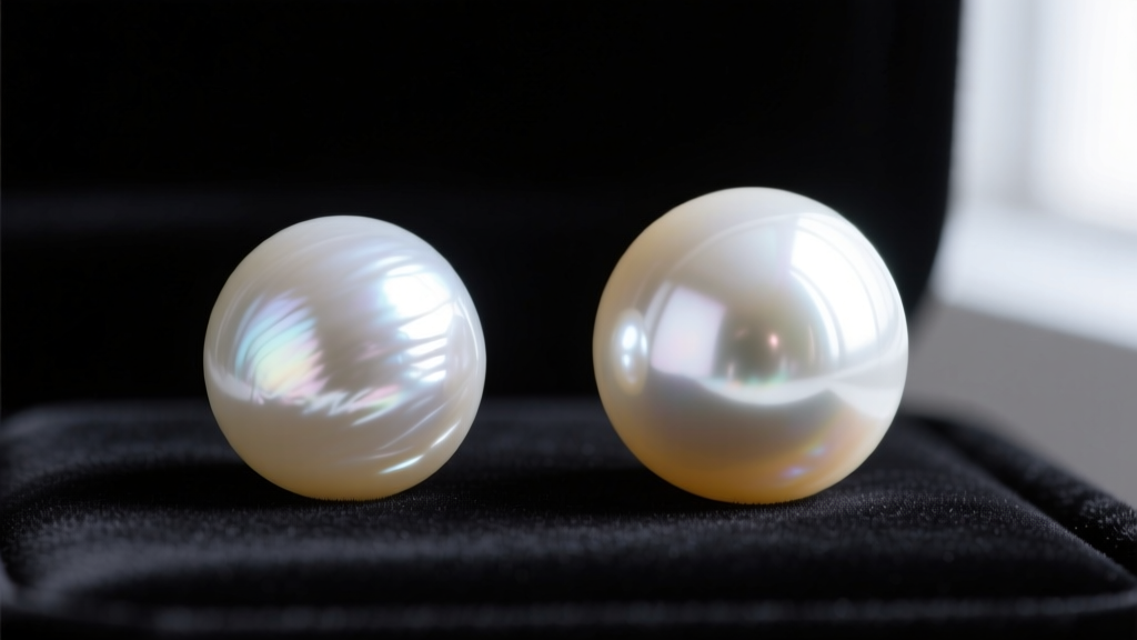 Macro photography showing the luster difference between a freshwater pearl and an Akoya pearl side-by-side on dark velvet.
