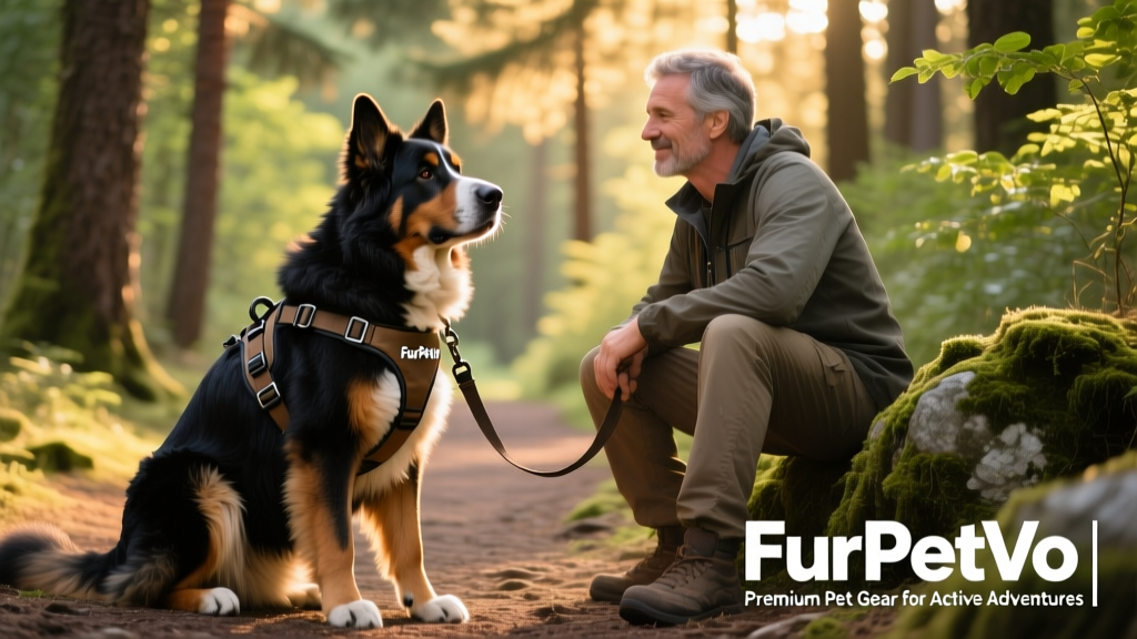 Adult Euro Mountain Sheparnese sitting attentively beside its owner on a forest trail, wearing a durable harness and leash from FurPetVo