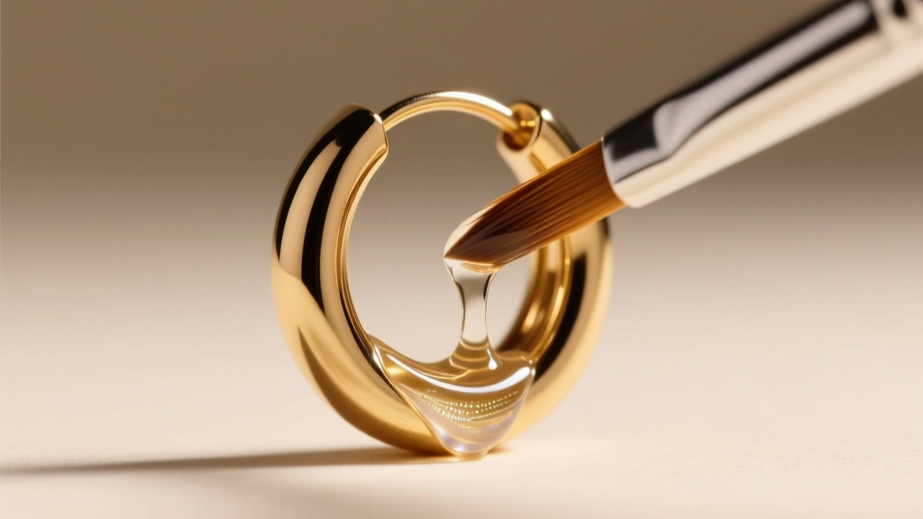 Macro shot of a small brush applying a clear liquid jewelry sealant to the back of a gold-plated zinc alloy hoop earring