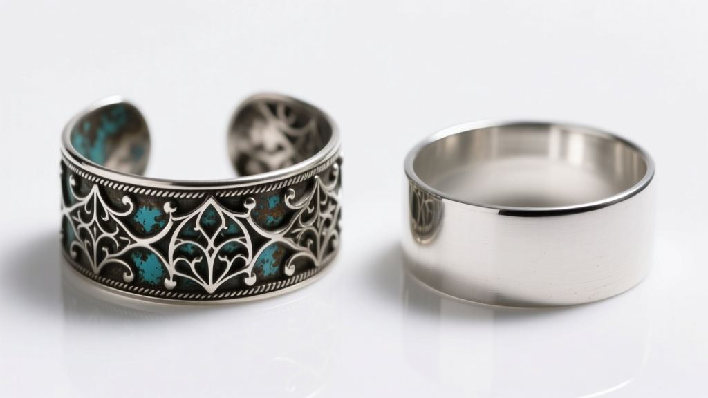 Side-by-side comparison of a genuine oxidized sterling silver gothic cuff and a lightweight dull silver-plated fake piece