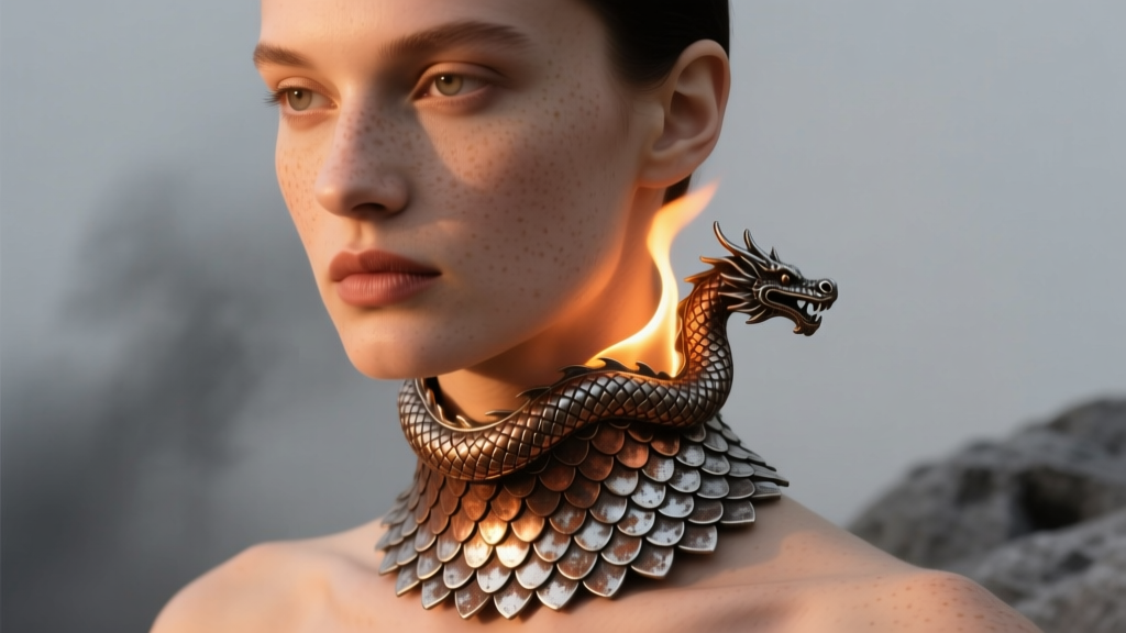 Model wearing oxidized silver dragon scale collar choker, illuminated by warm firelight to highlight metallic ridges and shadows