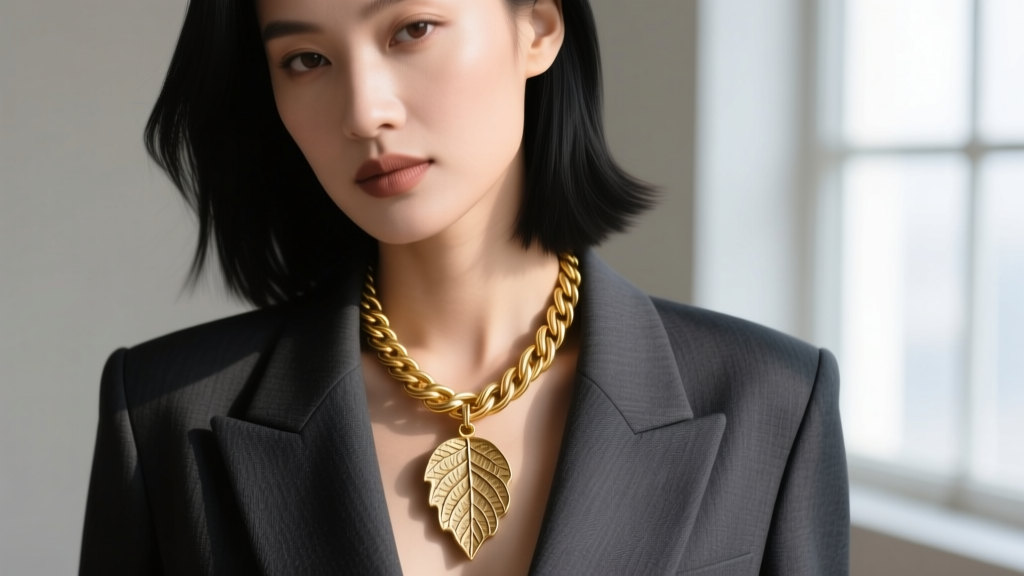 Close-up of a woman wearing a 28-inch gold cable chain necklace with a large textured leaf pendant over a dark charcoal blazer