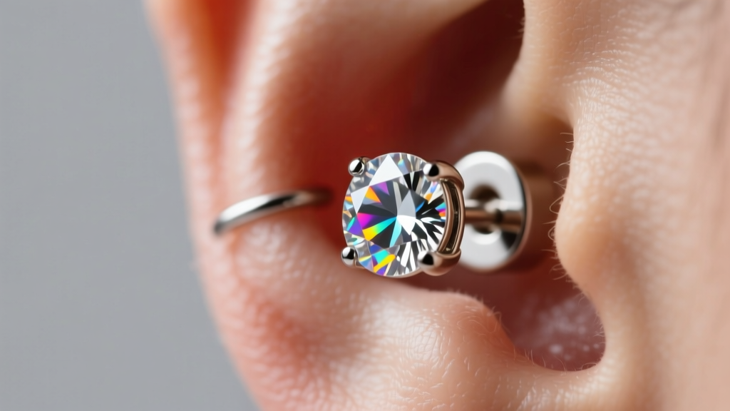 Close up of a 16g titanium flat back moissanite earring in a healed helix piercing, studio lighting highlighting the stone sparkle