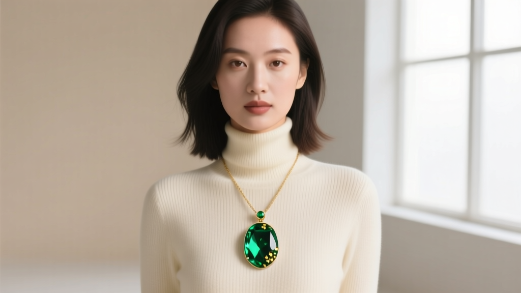 Woman wearing a 24-inch green aventurine pendant over a cream turtleneck, showing the stone's natural inclusions in bright daylight.