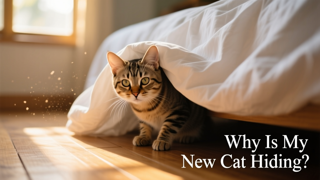 A timid cat peeking out from beneath a bed, ears forward but body tucked away