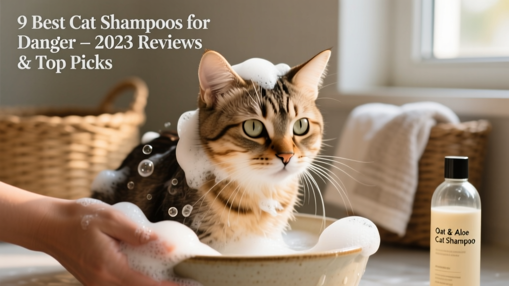 Close-up of a calm, short-haired cat being gently bathed with a foaming, oat-based shampoo