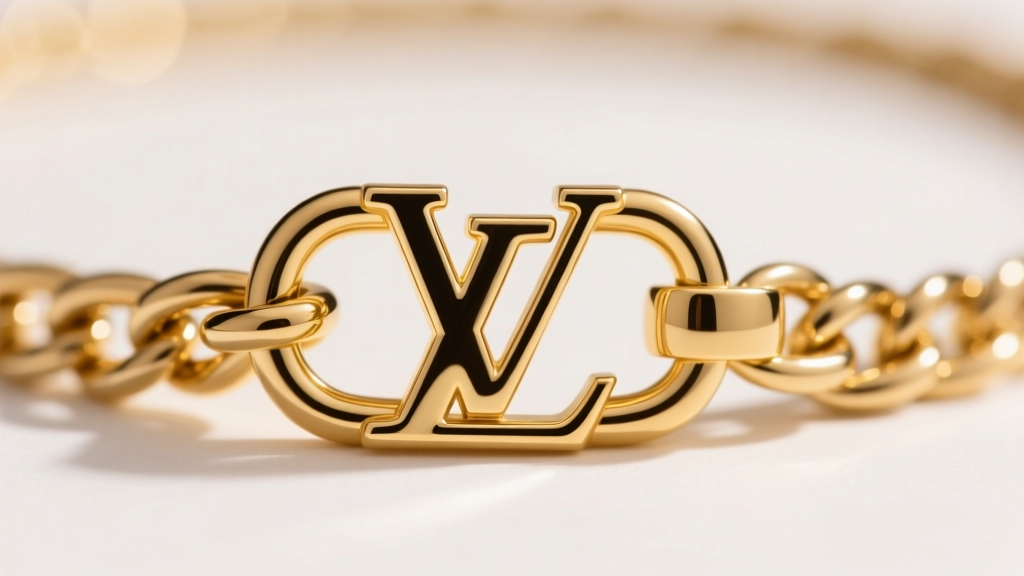 Extreme close-up of a polished 18k yellow gold lobster clasp on an LV cable chain, showing the crisp micro-engraved LV hallmark.