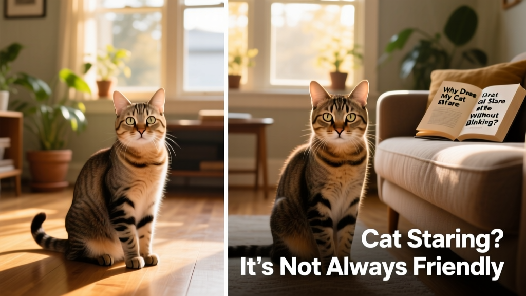 Side-by-side comparison showing relaxed vs. stressed cat body language: one with soft eyes and forward ears, another with dilated pupils and flattened ears