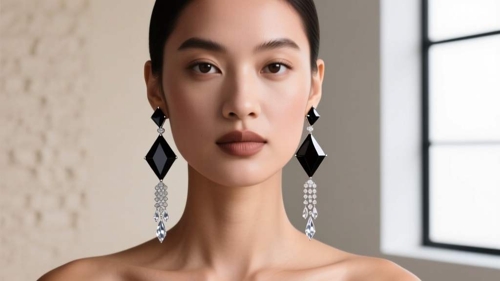 Guide showing geometric black diamond drop earrings on a round face and elongated chandelier styles complementing square jawline