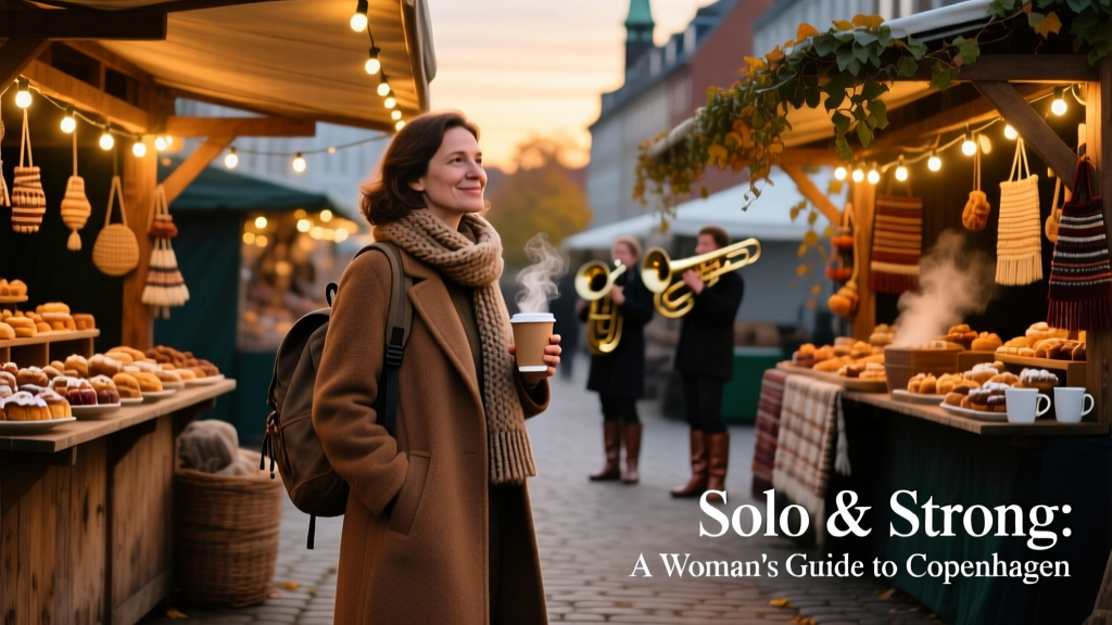A solo female traveler standing in a festive Danish market in central Copenhagen, surrounded by twinkling lights and wooden stalls