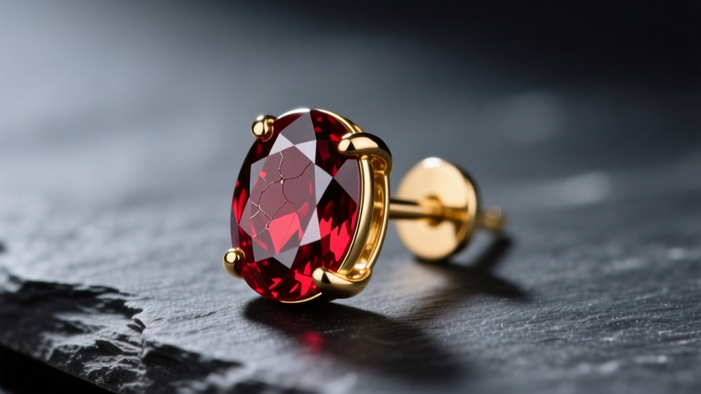 Macro shot of a scratched 14k gold stud earring with a dull, inclusion-heavy oval red garnet resting on dark slate