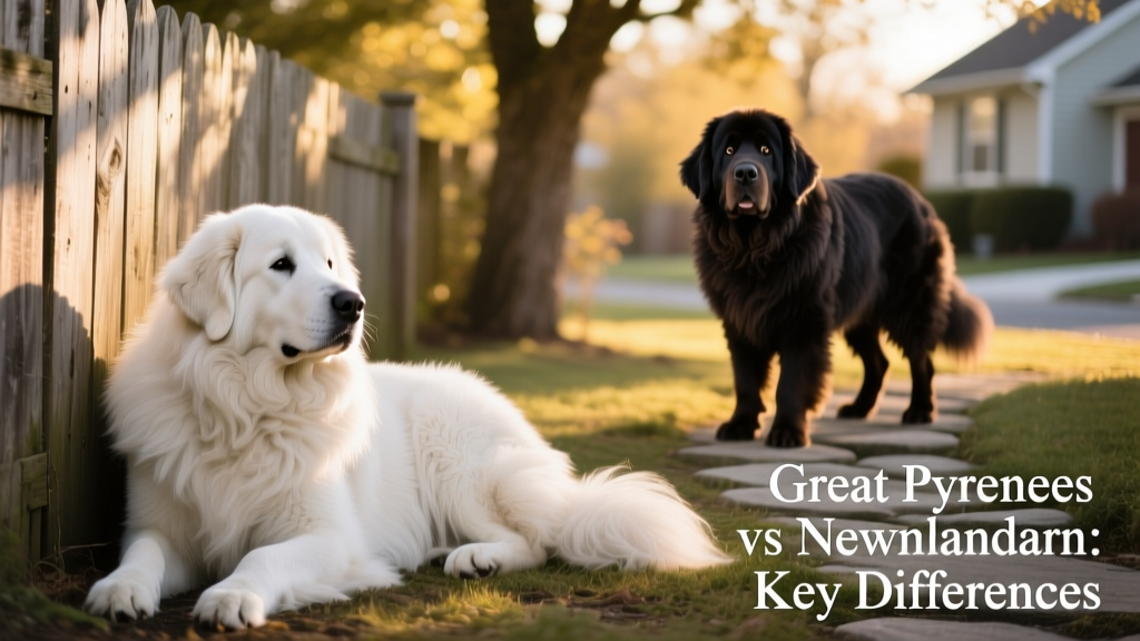 A calm, white Great Pyrenees resting beside a wooden fence in a sunlit yard