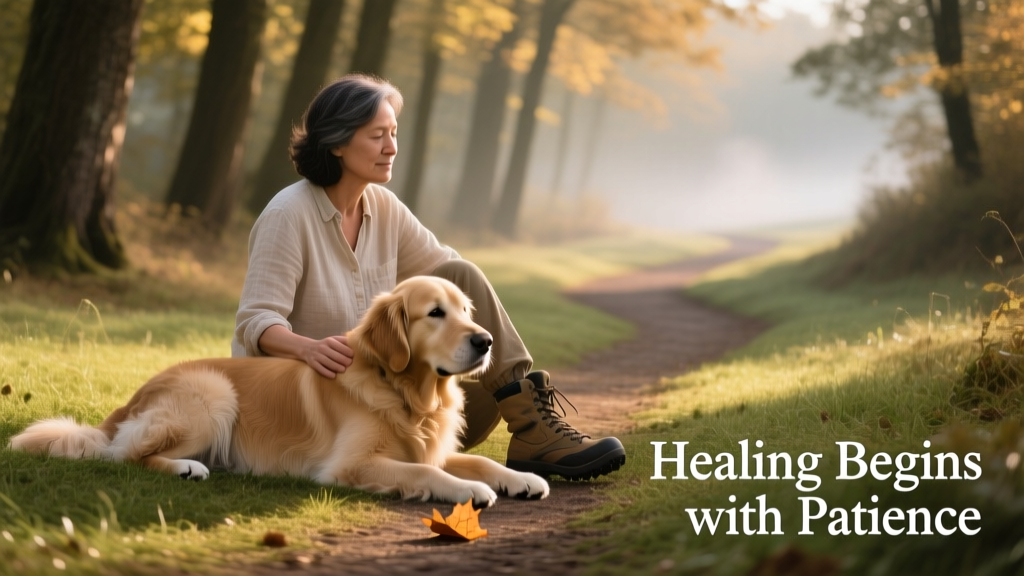 A calm, gentle dog resting quietly beside their owner on a quiet grassy path
