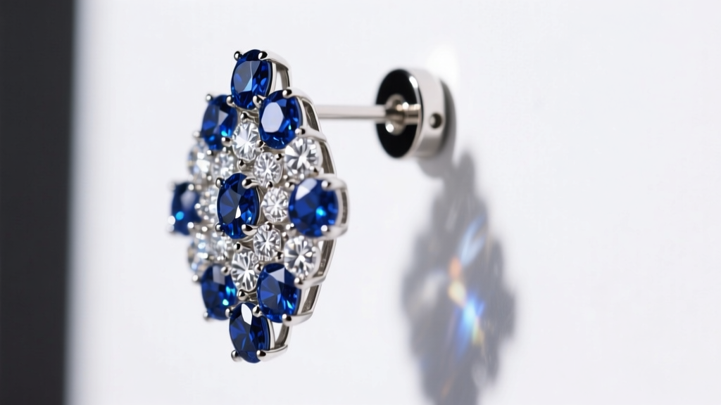 Side view of diamond and sapphire chandelier earring secured with a locking La Pousette earring back under bright studio lighting