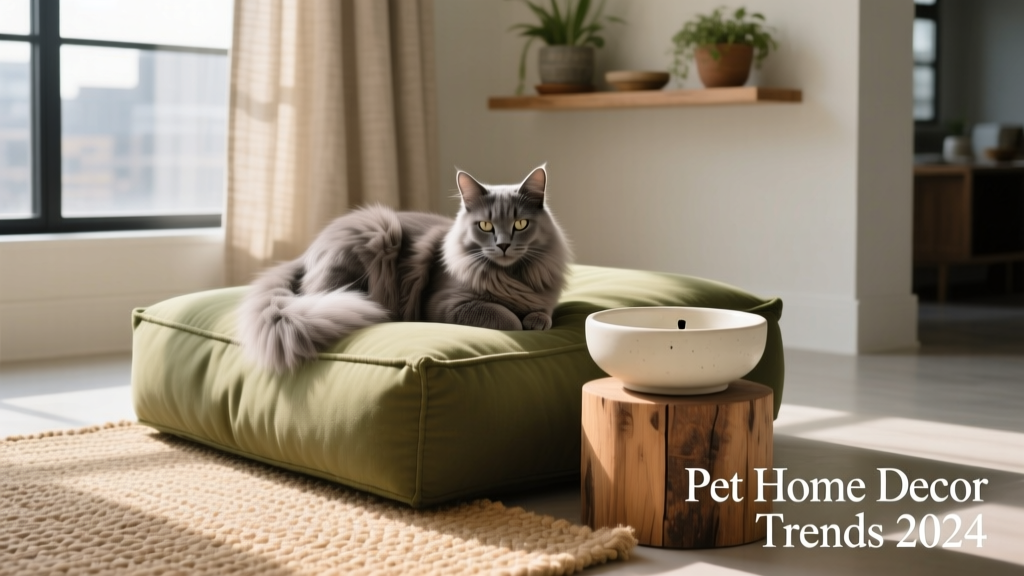 Cat curled up on a plush, khaki-green bolster bed beside a ceramic elevated pet bowl set