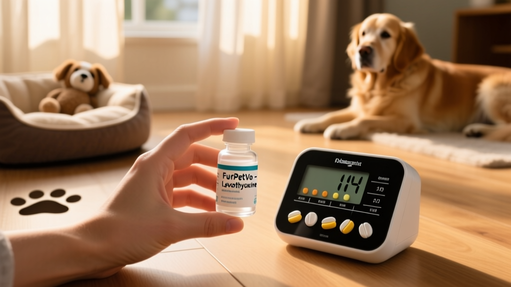 Hand holding a small bottle of FurPetVo-branded levothyroxine tablets next to a digital pill counter and dosing chart