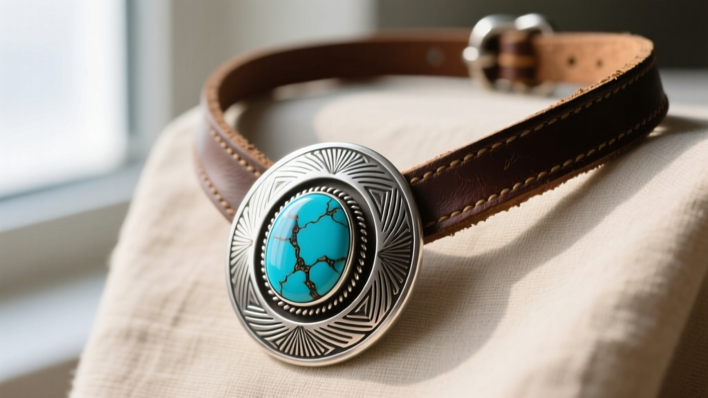 Sterling silver turquoise concho necklace on leather, showing hand-stamped metalwork and vibrant blue stones with a dark matrix.