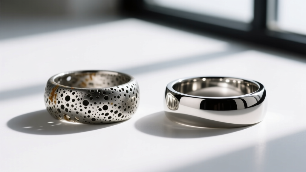 Macro view comparing the porous surface of cheap alloy jewelry against the mirror-smooth finish of implant-grade niobium metal