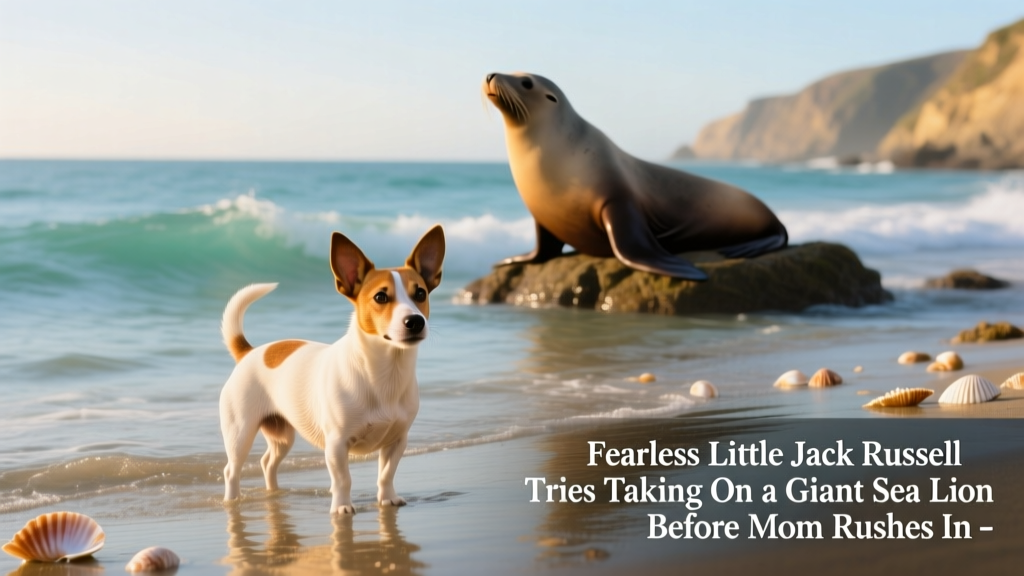 A small Jack Russell Terrier standing confidently at the water’s edge, looking out toward the ocean where a large sea lion is visible in the distance