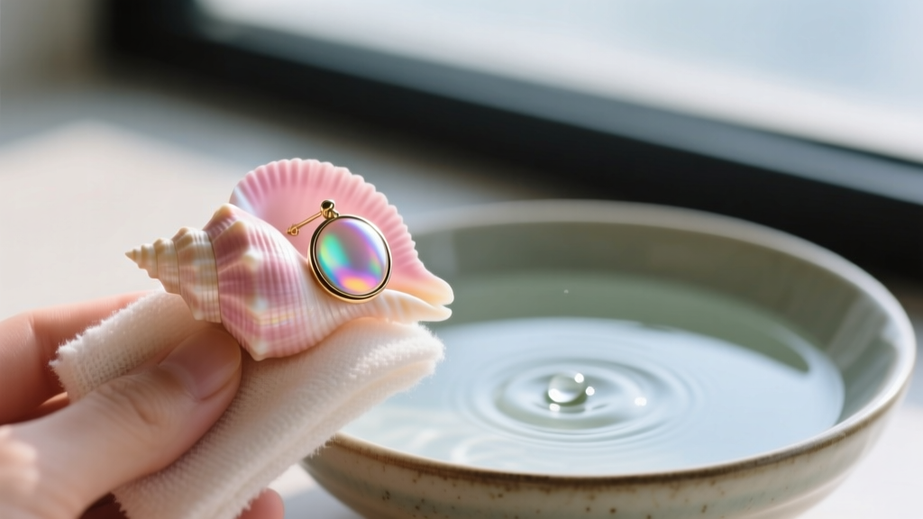 Soft microfiber cloth wiping a pink conch shell earring, with a bowl of distilled water and mild soap in the blurred background.