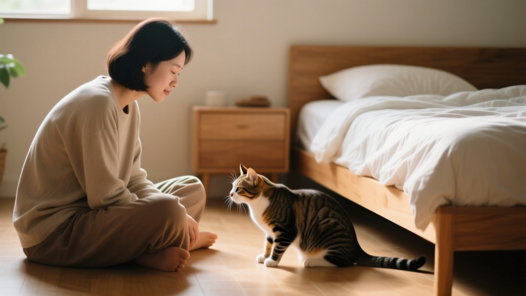 A person sitting quietly on the floor with a cat approaching slowly, nose-to-nose, with relaxed body language