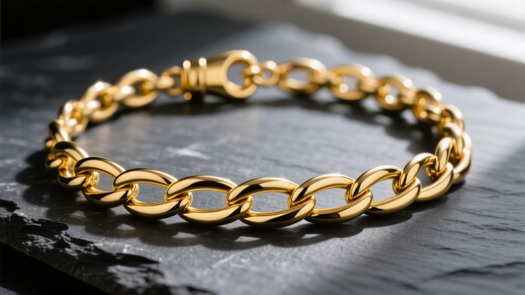 Close-up of a polished 14k yellow gold cable necklace on dark slate, highlighting uniform oval links and a secure lobster clasp.
