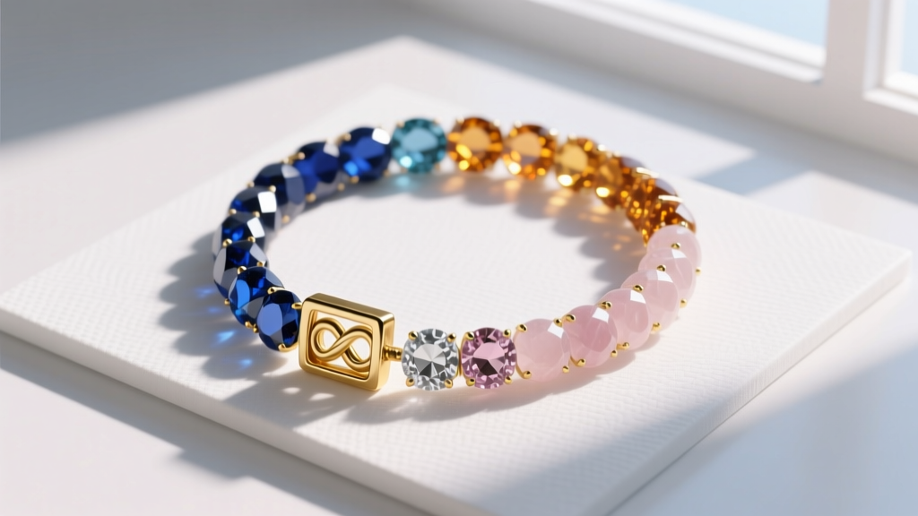 Graduated gemstone strand secured by a 14k gold box clasp with a figure-8 safety catch, shot from above on a white display mat.