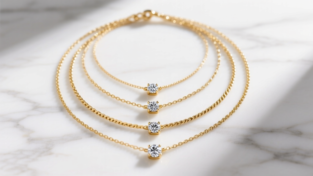 Flat lay of layered 14k gold momma necklaces with initial pendants and lab-grown diamond birthstones on white marble