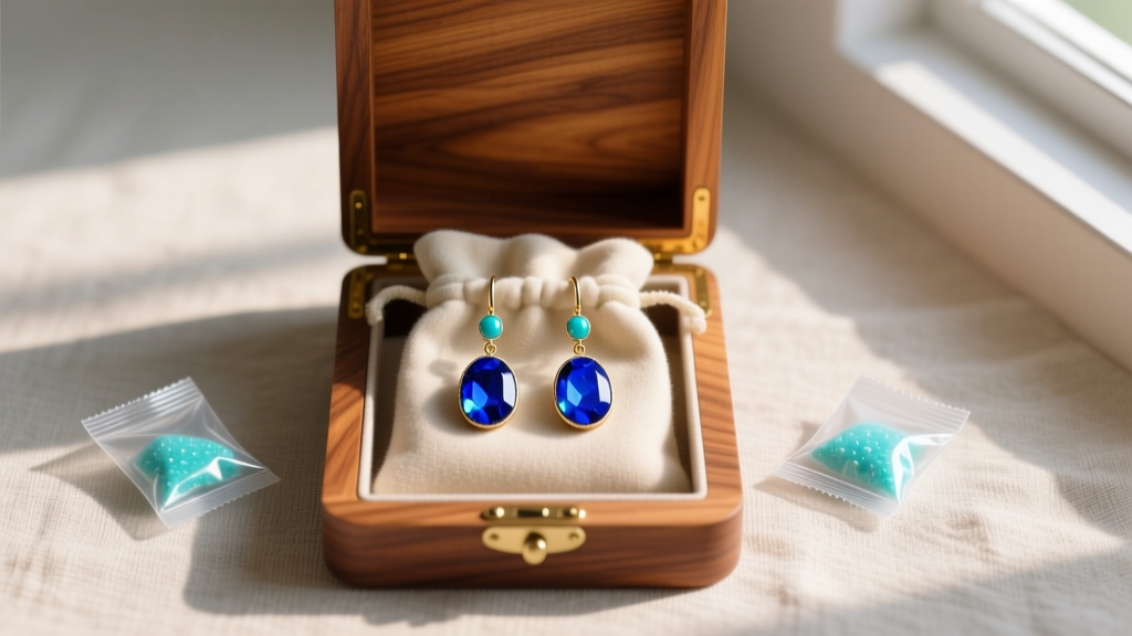 Lapis lazuli dangle earrings resting in an anti-tarnish flannel pouch inside a cedar-lined jewelry box next to silica gel packets