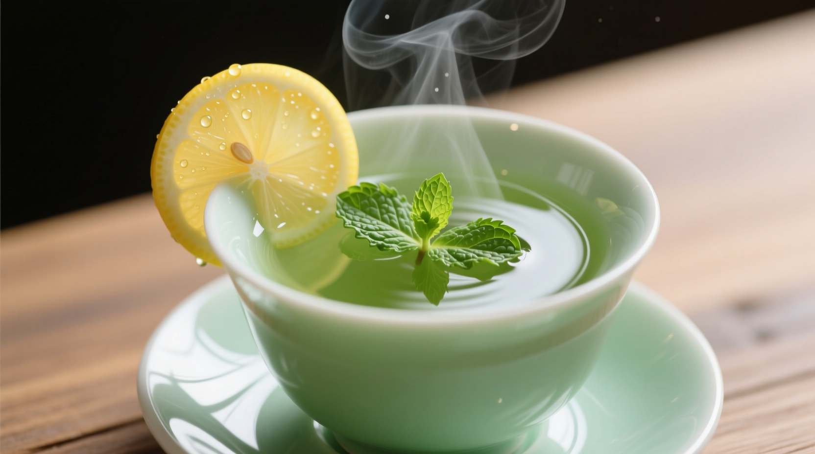 Perfectly brewed green tea with lemon slice and mint