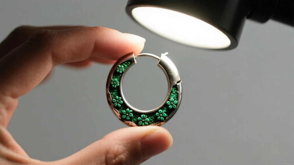 Close-up of a person examining a tarnished stainless steel hoop earring under a bright magnifying lamp, showing green oxidation.