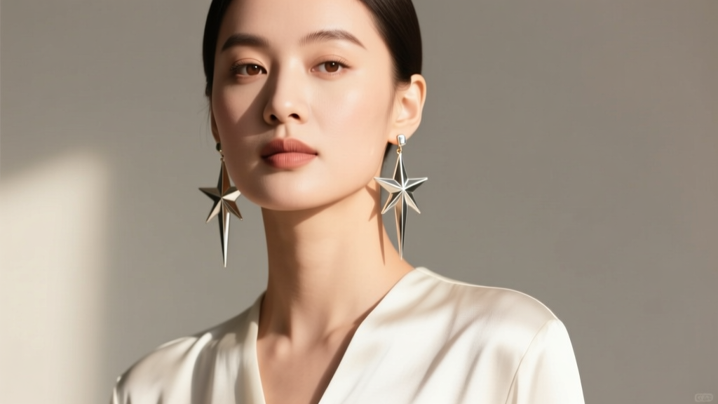 Profile portrait of woman with round face wearing elongated shooting star dangle earrings paired with minimalist silk blouse.